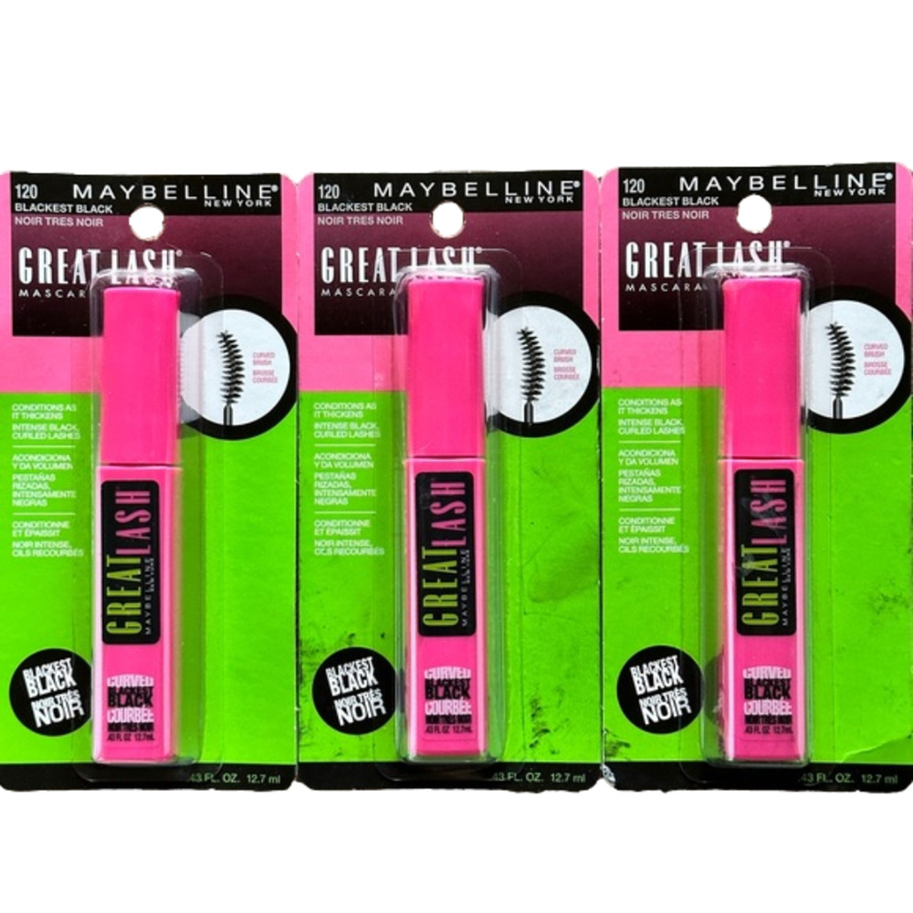 New 3 Maybelline Great Lash Mascara 120 Blackest‎ Black